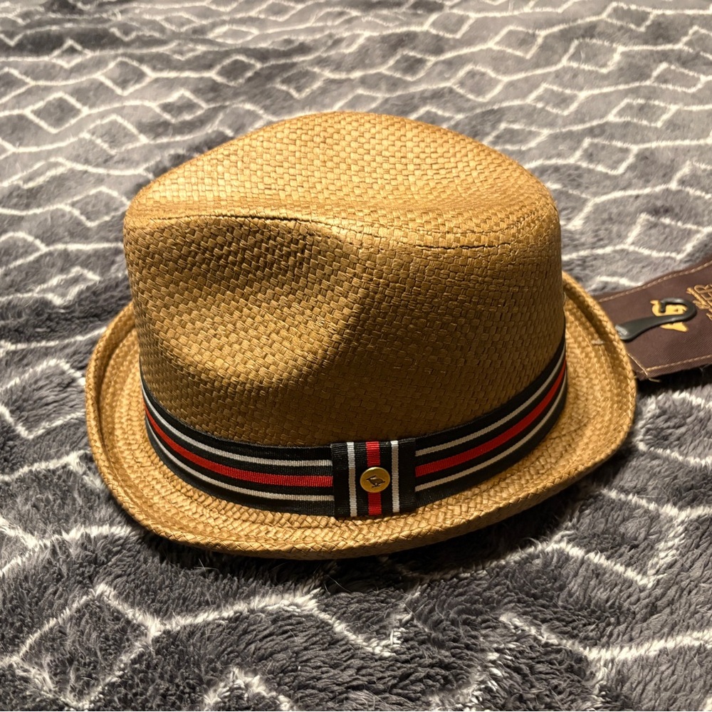 Peter Grimm Tan Straw Fedora Hat with Black and Red Band